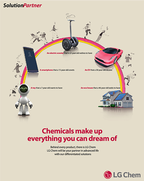 2015 Advertisement Image / (image) Toy that 7 years old wants most / Smartphone that 15 years old wants most / Traditional scooter that 22 years old wants most / Electric car wants 30 years old / Eco-friendly house that 48 years old wants to have (copy) What you dream of is all chemistry. Every product you dream of has LG Chem. LG Chem is leading the way with your life with differentiated solutions.
									